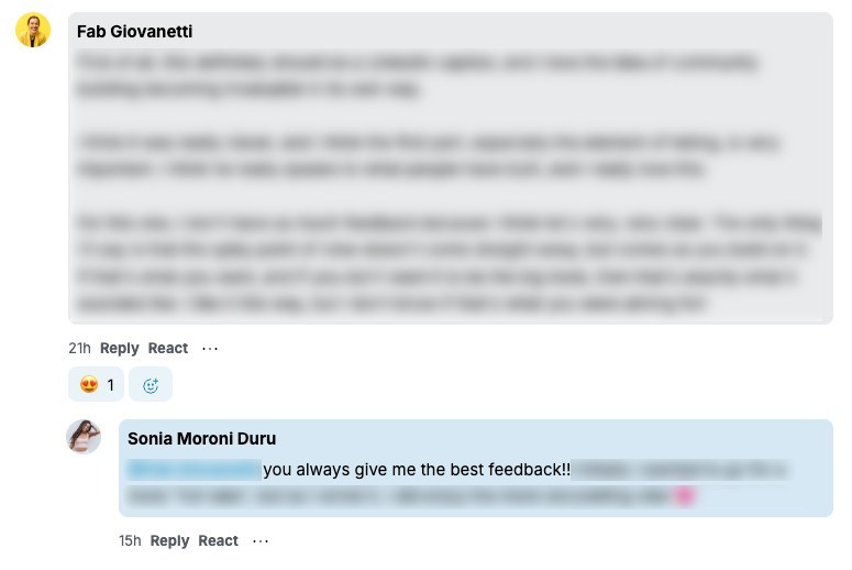 Fab's written thoughts on Sonia's Science Lab challenge, with Sonia's reply: you always give me the best feedback