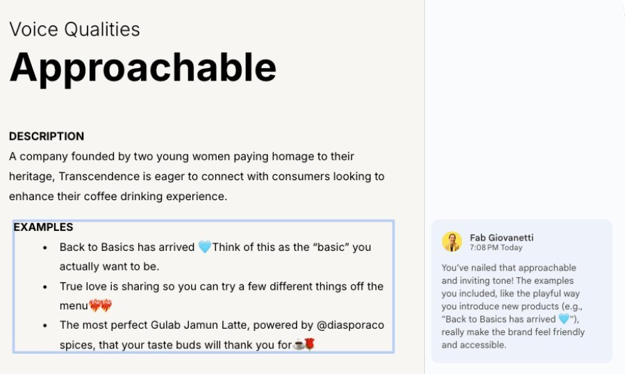 A student's tone of voice slide with a comment from Fab: You've nailed that approachable and inviting tone