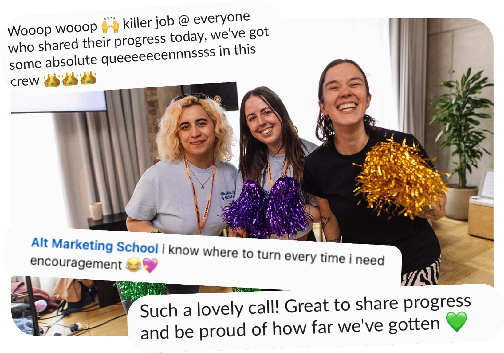 Fab and two members laughing and holding pom-poms at an in-person event, overlaid with member messages: killer job everyone who shared their progress today, I know where to turn every time I need encouragement, and such a lovely call
