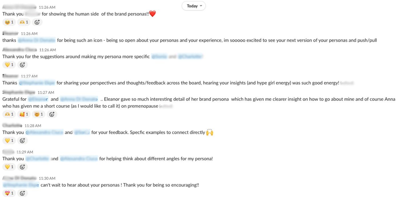 A Slack thread where members thank each other for feedback, with heart reactions
