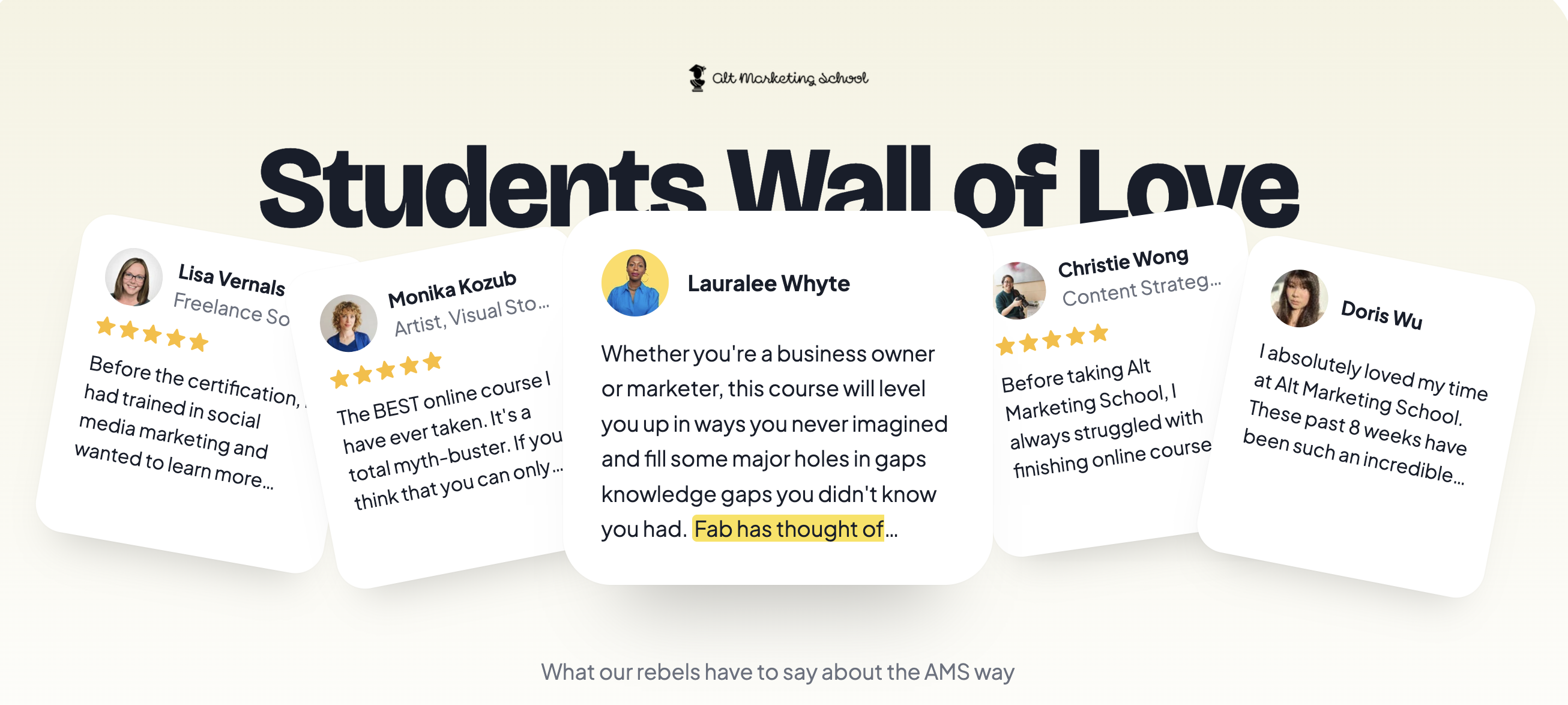 The Alt Marketing School Students Wall of Love, a page of student testimonial cards